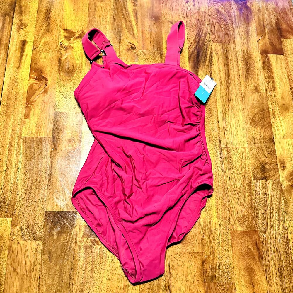 Aqua Green Swimsuit Womens Large 12/14 Maroon Asymmetrical 1 Piece Swimwear